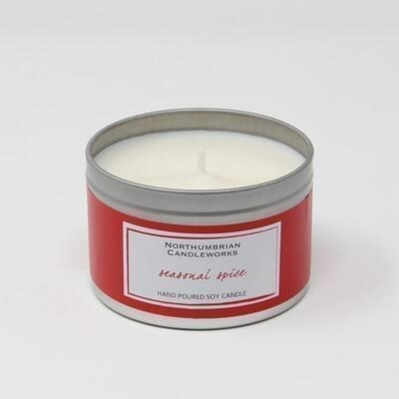 Northumbrian Candleworks Seasonal Spice Soy Candle Tin Enjoy the beautiful blend of winter spices with this gorgeous Christmas scented soy candle. Rich undertones of Seasonal Spice include nutmeg clove and cinnamon. Creating a deep and warming fragrance that gives your home a fantastically festive feel. The large candle tin really does look as good as it smells and will sit beautifully on a shelf or coffee table or window sill. The choice is yours.